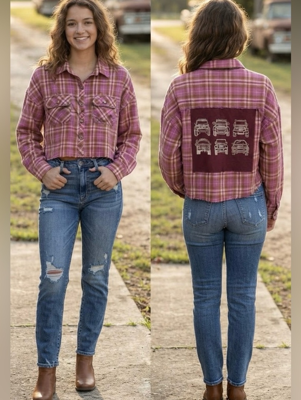 Upcycled Jeep Graphic T-Shirt/Frayed Wild Fable Pink and Red Plaid Shirt -Large